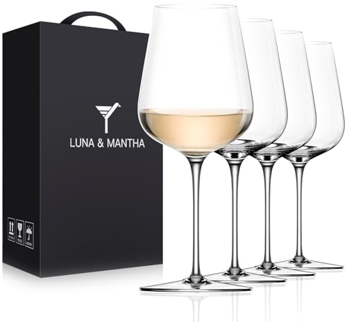 LUNA & MANTHA White Wine Glasses Set of 4, Crystal Wine Glasses with Stem, Hand Blown