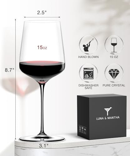 LUNA & MANTHA Wine Glasses Set of 4, 15 oz Hand Blown Crystal Red White Wine Glasses with Stem, Ideal Gift for Set, Toasting at Weddings or Birthdays - My Kitchen Products