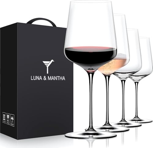 LUNA & MANTHA Wine Glasses Set of 4, 15 oz Hand Blown Crystal Red White Wine Glasses with Stem, Ideal Gift for Set, Toasting
