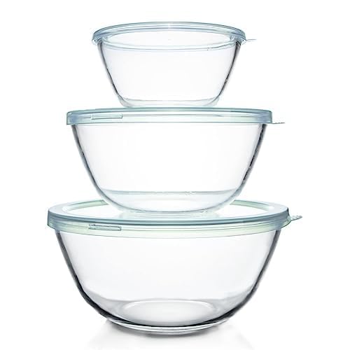 Luvan Glass Mixing Bowls with Lids Set(4.5QT, 2.7QT, 1.1QT)-Large Glass Mixing Bowls, Clear Salad Bowl for Baking, Cooking, Serving, Food Prep, 3PC Nesting Bowls for Kitchen Storage & Dishwasher Safe - My Kitchen Products