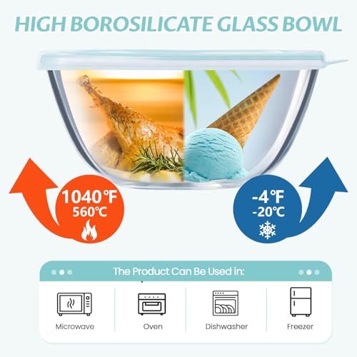 Luvan Glass Mixing Bowls with Lids Set(4.5QT, 2.7QT, 1.1QT)-Large Glass Mixing Bowls, Clear Salad Bowl for Baking, Cooking, Serving, Food Prep, 3PC Nesting Bowls for Kitchen Storage & Dishwasher Safe - My Kitchen Products