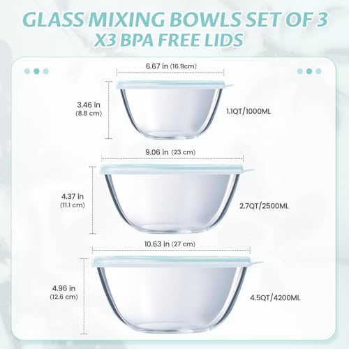 Luvan Glass Mixing Bowls with Lids Set(4.5QT, 2.7QT, 1.1QT)-Large Glass Mixing Bowls, Clear Salad Bowl for Baking, Cooking, Serving, Food Prep, 3PC Nesting Bowls for Kitchen Storage & Dishwasher Safe - My Kitchen Products