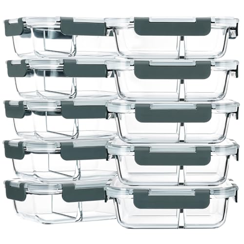 M MCIRCO 10-Pack,30 Oz Glass Meal Prep Containers 2 Compartments Airtight Lunch Bento Boxes with Lids, Glass Food Storage Containers, Microwave, Oven, Freezer, Dishwasher - My Kitchen Products