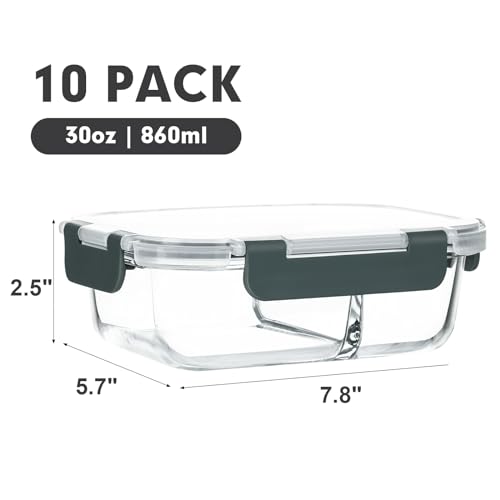 M MCIRCO 10-Pack,30 Oz Glass Meal Prep Containers 2 Compartments Airtight Lunch Bento Boxes with Lids, Glass Food Storage Containers, Microwave, Oven, Freezer, Dishwasher - My Kitchen Products