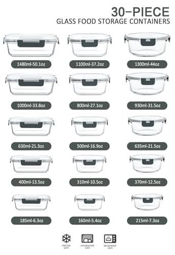 M MCIRCO 30 Pieces Glass Food Storage Containers with Snap Locking Lids,Glass Meal Prep Containers Set - Airtight Lunch Containers, Microwave, Oven, Freezer and Dishwasher - My Kitchen Products
