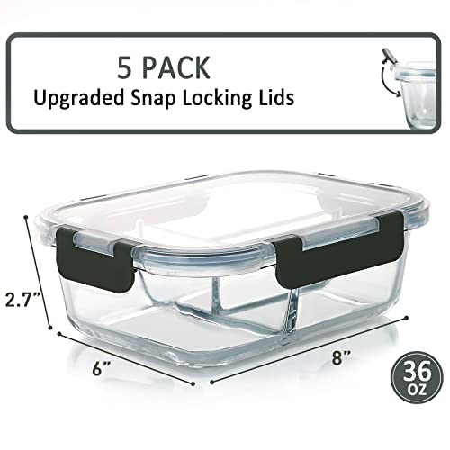 M MCIRCO [5-Pack, 36 oz] Glass Meal Prep Containers 3 Compartment with Lids, Glass Lunch Containers,Food Prep Lunch Box,Bento Box,Microwave, Oven, Freezer, Dishwasher (4.5 Cups) - My Kitchen Products