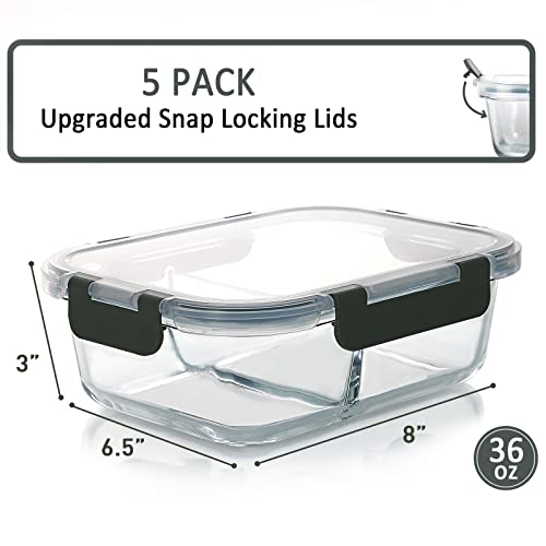 M MCIRCO [5-Pack,36 Oz] Glass Meal Prep Containers 2 Compartments Portion Control with Upgraded Snap Locking Lids Glass Food Storage Containers, Microwave, Oven, Freezer and Dishwasher (4.5 Cups) - My Kitchen Products