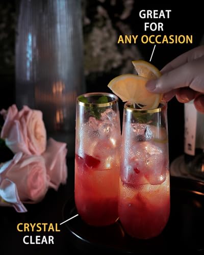 Maaacute 24 Pack Champagne Flutes Plastic, 9 Oz Disposable Stemless Mimosa Gold Rim Toasting Glasses, Clear Crystal Plastic Cocktail Cups for Bridal Shower Wedding Party Birthday Mimosa Bar - My Kitchen Products