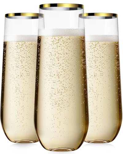Maaacute 24 Pack Champagne Flutes Plastic, 9 Oz Disposable Stemless Mimosa Gold Rim Toasting