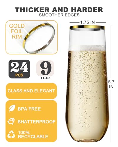 Maaacute 24 Pack Champagne Flutes Plastic, 9 Oz Disposable Stemless Mimosa Gold Rim Toasting Glasses, Clear Crystal Plastic Cocktail Cups for Bridal Shower Wedding Party Birthday Mimosa Bar - My Kitchen Products