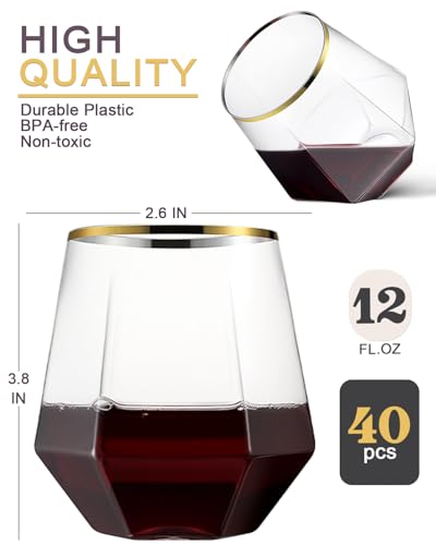 Maaacute 40 Pcak Plastic Stemless Wine cocktail Whiskey Champagne Glasses, 12 Oz Gold Rim Disposable Clear Unbreakable Cups for Party Bars Wedding Tasting (Diamond-shaped) - My Kitchen Products