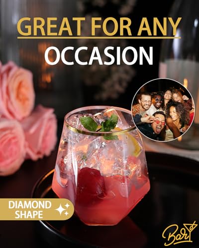 Maaacute 40 Pcak Plastic Stemless Wine cocktail Whiskey Champagne Glasses, 12 Oz Gold Rim Disposable Clear Unbreakable Cups for Party Bars Wedding Tasting (Diamond-shaped) - My Kitchen Products