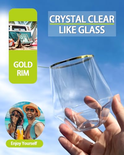 Maaacute 40 Pcak Plastic Stemless Wine cocktail Whiskey Champagne Glasses, 12 Oz Gold Rim Disposable Clear Unbreakable Cups for Party Bars Wedding Tasting (Diamond-shaped) - My Kitchen Products