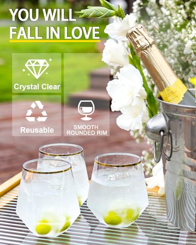 Maaacute 40 Pcak Plastic Stemless Wine cocktail Whiskey Champagne Glasses, 12 Oz Gold Rim Disposable Clear Unbreakable Cups for Party Bars Wedding Tasting (Diamond-shaped) - My Kitchen Products