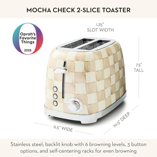 MACKENZIE-CHILDS 2-Slice Toaster, Decorative Toaster for Kitchen, Brown-and-White Mocha Check - My Kitchen Products