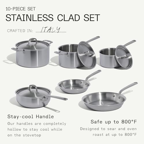 Made In Cookware - 10 Piece Stainless Steel Pot and Pan Set - 5 Ply Clad - Includes Stainless Steel Frying Pans, Saucepans, Saucier and Stock Pot W/Lid - Professional Cookware - Crafted in Italy - My Kitchen Products