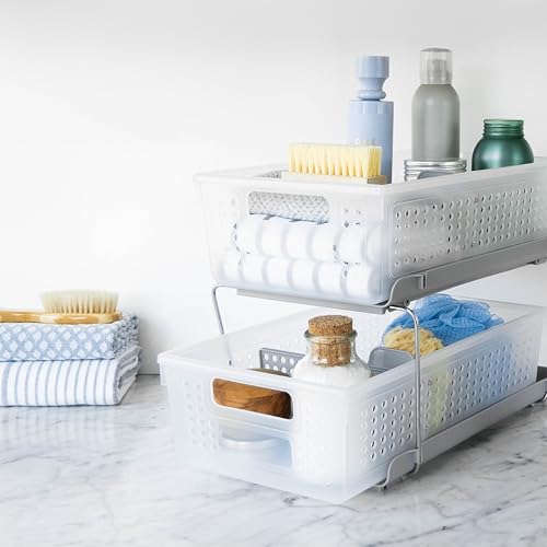 madesmart 2 Tier Bath Organizer, Undersink Storage with Sliding Drawers, for Cleaning Supplies, Pantry, Sponges, Bottles & Kitchen Essentials, Adjustable Dividers & Pull Out Sliding Baskets, Frost - My Kitchen Products