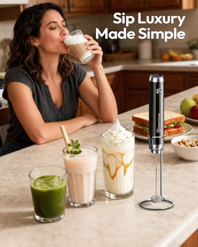 Maestri House Rechargeable Milk Frother with Stand, LunaFro Handheld Electric Foam Maker Waterproof Detachable Stainless Steel Whisk Drink Mixer Foamer for Lattes, Cappuccino - My Kitchen Products