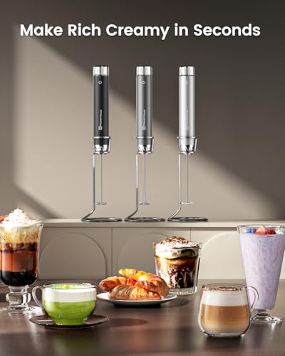 Maestri House Rechargeable Milk Frother with Stepless Speed Control, LunaFro Max Handheld Electric Foam Maker Waterproof Drink Mixer Foamer with Stand & Detachable Whisks for Lattes, Cappuccino - My Kitchen Products