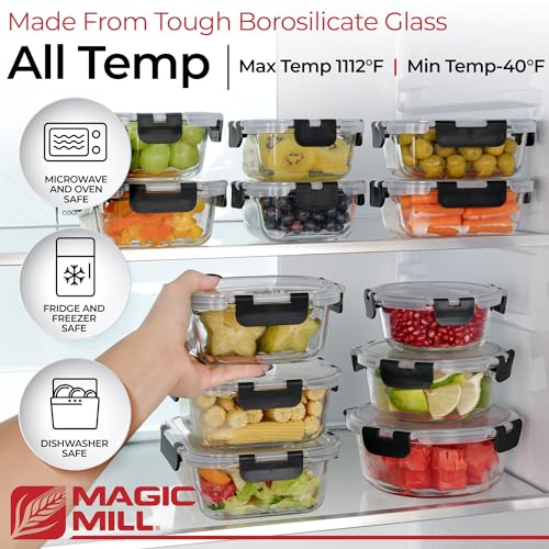 Magic Mill Premium Borosilicate Glass Food Storage Containers with lids Set | 24pc Sets with 12 Bowls & 12 Airtight Locking Lids for Lunch & Meal Prep, Safe for Oven, Freezer, Dishwasher, BPA-Free - My Kitchen Products