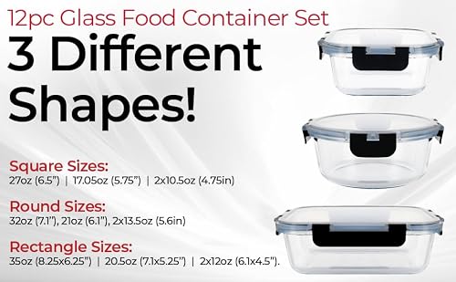 Magic Mill Premium Borosilicate Glass Food Storage Containers with lids Set | 24pc Sets with 12 Bowls & 12 Airtight Locking Lids for Lunch & Meal Prep, Safe for Oven, Freezer, Dishwasher, BPA-Free - My Kitchen Products