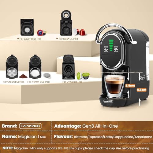 Magician1 Mini Espresso Machine for Nespresso Original, Dolce Gusto, Lavazza Blue, ESE Pods, 19-Bar Coffee Machine for Ground Coffee, Coffee Maker with adjustable Temp & Cup Size, 21oz Reservoir - My Kitchen Products