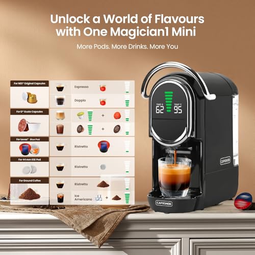 Magician1 Mini Espresso Machine for Nespresso Original, Dolce Gusto, Lavazza Blue, ESE Pods, 19-Bar Coffee Machine for Ground Coffee, Coffee Maker with adjustable Temp & Cup Size, 21oz Reservoir - My Kitchen Products