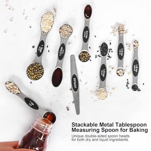 Magnetic Measuring Spoons Set Stainless Steel with Leveler, Stackable Metal Tablespoon Measure Spoon for Baking, Cups and Spoon Set Kitchen Gadgets Apartment Essentials Fits in Spice Jars - My Kitchen Products