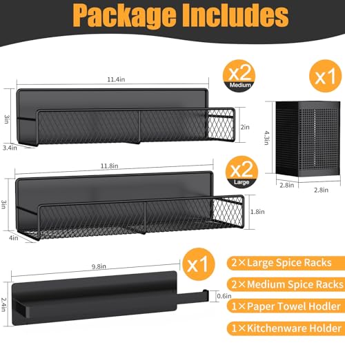 Magnetic Spice Rack for Refrigerator, 6 Pack 100% Metal Strong Magnet Shelf Black, Space Saving Spice Organizer, Home Kitchen Laundry Room Storage Organization W/ Paper Towel Holder, Utensils Racks - My Kitchen Products