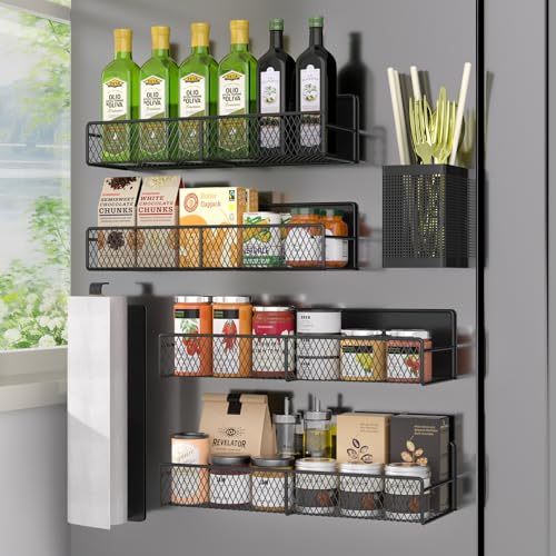 Magnetic Spice Rack for Refrigerator, 6 Pack 100% Metal Strong Magnet Shelf Black, Space Saving Spice Organizer, Home Kitchen Laundry Room Storage Organization W/ Paper Towel Holder, Utensils Racks - My Kitchen Products