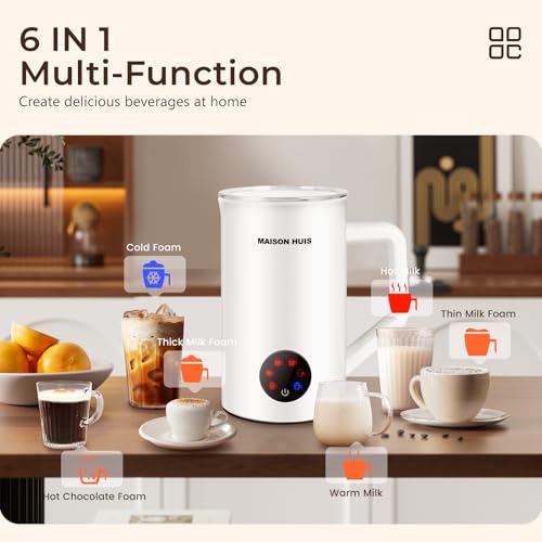 MAISON HUIS Milk Frother, 6-IN-1 Electric Milk Steamer, 20oz/591ml Hot & Cold Foam Maker for Latte & Cappuccino, 550W Fast Heating Stainless Steel Milk Steamer, Hot Chocolate Maker - My Kitchen Products