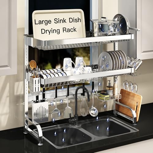 MAJALiS 3 Tier Extra Large Stainless Steel Over The Sink Dish Drying Rack - My Kitchen Products