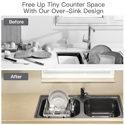 MAJALiS Dish Drying Rack Over The Sink, Expandable Stainless Steel Dish Drainer for Small Kitchen Counter Space Saving, RV Compact Plate Strainer In Silver Metal with Hanging Adjustable Utensil Holder - My Kitchen Products