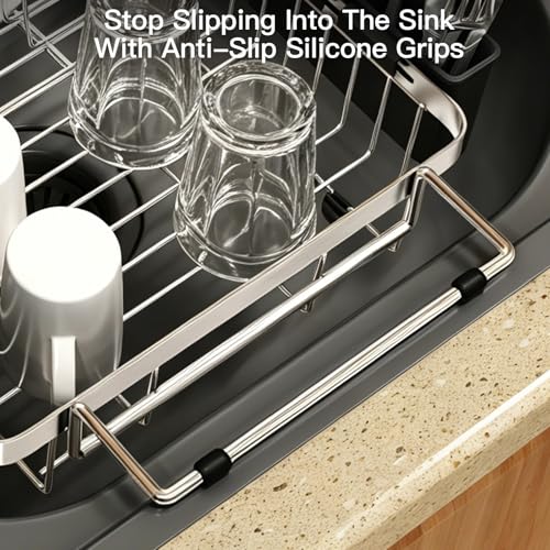 MAJALiS Dish Drying Rack Over The Sink, Expandable Stainless Steel Dish Drainer for Small Kitchen Counter Space Saving, RV Compact Plate Strainer In Silver Metal with Hanging Adjustable Utensil Holder - My Kitchen Products