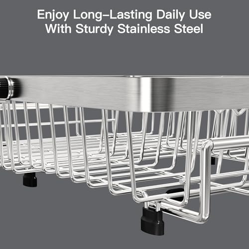 MAJALiS Dish Drying Rack Over The Sink, Expandable Stainless Steel Dish Drainer for Small Kitchen Counter Space Saving, RV Compact Plate Strainer In Silver Metal with Hanging Adjustable Utensil Holder - My Kitchen Products