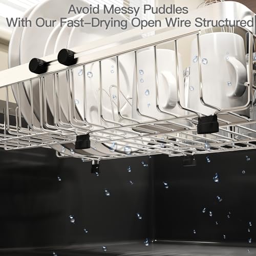 MAJALiS Dish Drying Rack Over The Sink, Expandable Stainless Steel Dish Drainer for Small Kitchen Counter Space Saving, RV Compact Plate Strainer In Silver Metal with Hanging Adjustable Utensil Holder - My Kitchen Products