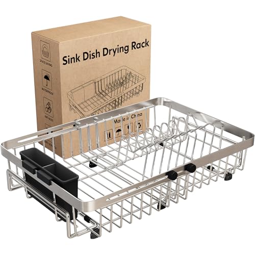 MAJALiS Dish Drying Rack Over The Sink, Expandable Stainless Steel Dish Drainer for Small Kitchen Counter Space Saving, RV Compact Plate Strainer In Silver Metal with Hanging Adjustable Utensil Holder - My Kitchen Products