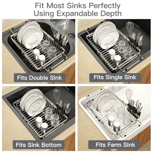 MAJALiS Dish Drying Rack Over The Sink, Expandable Stainless Steel Dish Drainer for Small Kitchen Counter Space Saving, RV Compact Plate Strainer In Silver Metal with Hanging Adjustable Utensil Holder - My Kitchen Products