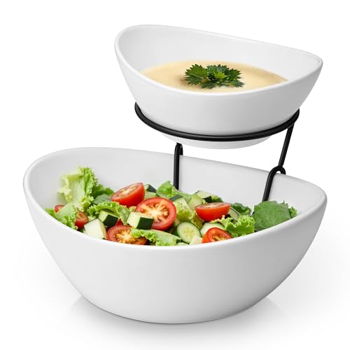 MALACASA 2 Tier Chip and Dip Serving Set with Metal Stand,Ceramic Appetizer Bowls for Party, Multi-Use Food Display