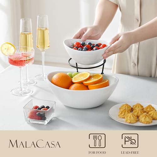 MALACASA 2 Tier Chip and Dip Serving Set with Metal Stand,Ceramic Appetizer Bowls for Party, Multi-Use Food Display for Fruits, Snacks,White Elegant Tiered Serving Dishes for Party - My Kitchen Products
