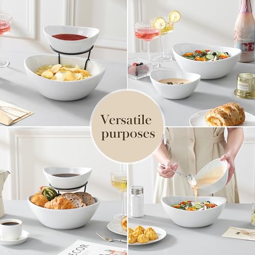 MALACASA 2 Tier Chip and Dip Serving Set with Metal Stand,Ceramic Appetizer Bowls for Party, Multi-Use Food Display for Fruits, Snacks,White Elegant Tiered Serving Dishes for Party - My Kitchen Products