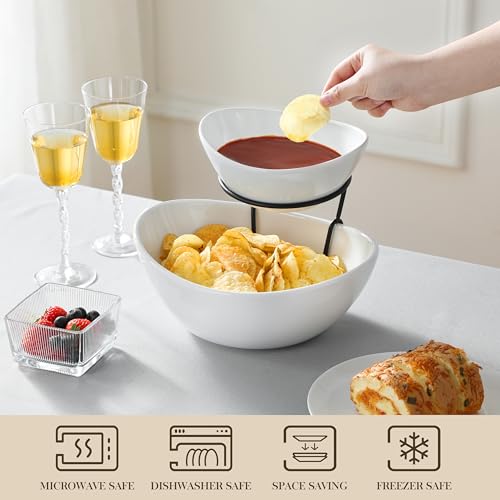 MALACASA 2 Tier Chip and Dip Serving Set with Metal Stand,Ceramic Appetizer Bowls for Party, Multi-Use Food Display for Fruits, Snacks,White Elegant Tiered Serving Dishes for Party - My Kitchen Products