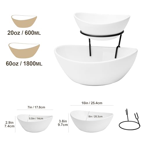 MALACASA 2 Tier Chip and Dip Serving Set with Metal Stand,Ceramic Appetizer Bowls for Party, Multi-Use Food Display for Fruits, Snacks,White Elegant Tiered Serving Dishes for Party - My Kitchen Products