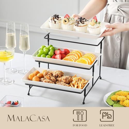 MALACASA 3 Tier Serving Trays for Party, Porcelain Serving Platters and Trays, 12 Inch Tiered Tray Stand, Fruit Tray, Trays for Serving Food, White Dessert Stand with Collapsible Sturdier Metal Rack - My Kitchen Products