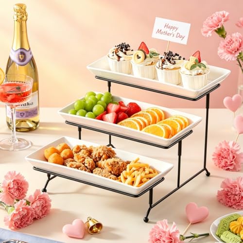 MALACASA 3 Tier Serving Trays for Party, Porcelain Serving Platters and Trays, 12 Inch Tiered Tray Stand, Fruit Tray, Trays for Serving Food, White Dessert Stand with Collapsible Sturdier Metal Rack - My Kitchen Products