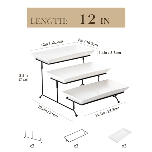 MALACASA 3 Tier Serving Trays for Party, Porcelain Serving Platters and Trays, 12 Inch Tiered Tray Stand, Fruit Tray, Trays for Serving Food, White Dessert Stand with Collapsible Sturdier Metal Rack - My Kitchen Products