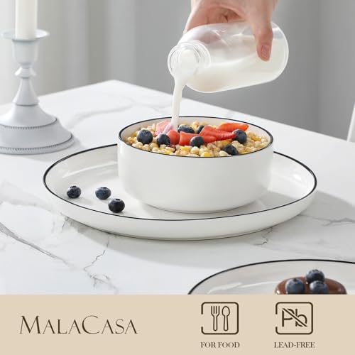 MALACASA Plates and Bowls Sets, 12 Pieces Modern Porcelain Dinnerware Set for 4 White Kitchen Dinner Dining Ware Set wtih Black Rim Ceramic Dishware Dishes Microwave and Dishwasher Safe, Series LUNA - My Kitchen Products
