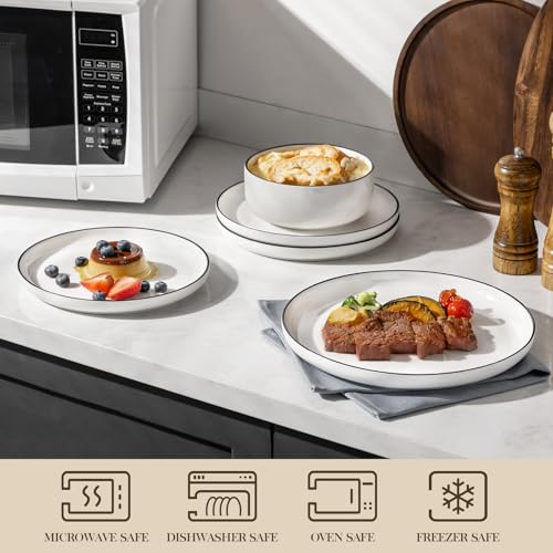MALACASA Plates and Bowls Sets, 12 Pieces Modern Porcelain Dinnerware Set for 4 White Kitchen Dinner Dining Ware Set wtih Black Rim Ceramic Dishware Dishes Microwave and Dishwasher Safe, Series LUNA - My Kitchen Products