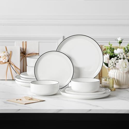 MALACASA Plates and Bowls Sets, 12 Pieces Modern Porcelain Dinnerware Set for 4 White Kitchen Dinner Dining Ware Set wtih Black Rim Ceramic Dishware Dishes Microwave and Dishwasher Safe, Series LUNA - My Kitchen Products
