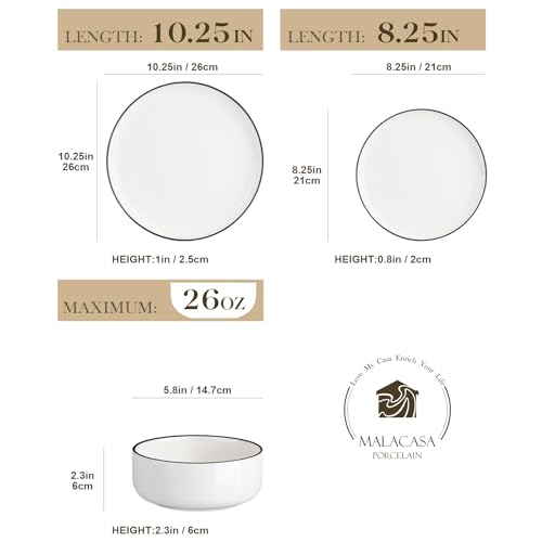 MALACASA Plates and Bowls Sets, 12 Pieces Modern Porcelain Dinnerware Set for 4 White Kitchen Dinner Dining Ware Set wtih Black Rim Ceramic Dishware Dishes Microwave and Dishwasher Safe, Series LUNA - My Kitchen Products